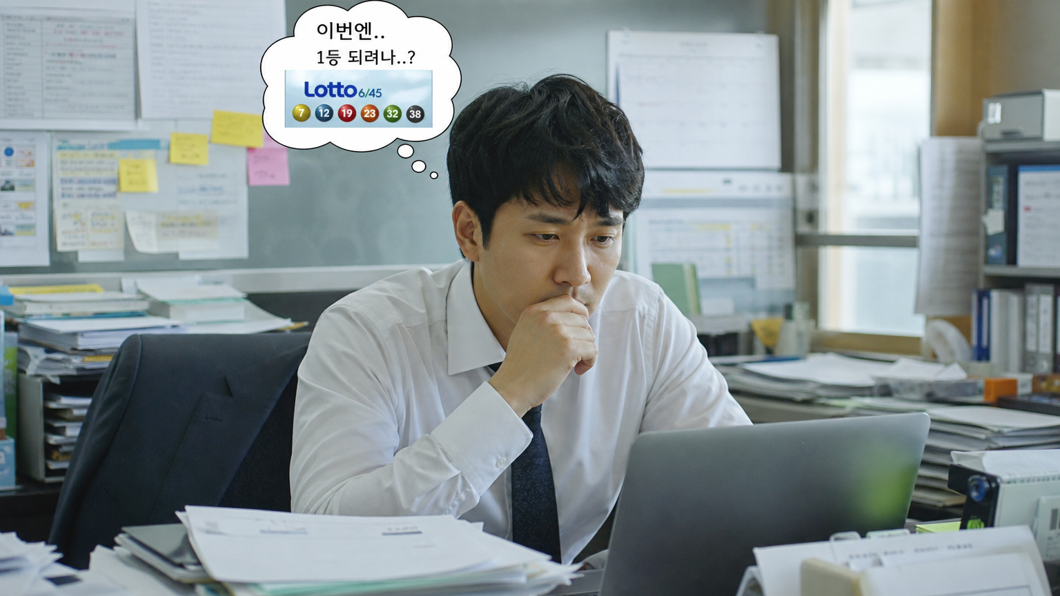 사무실에서 로또 당첨 후에도 열심히 일하는 남성