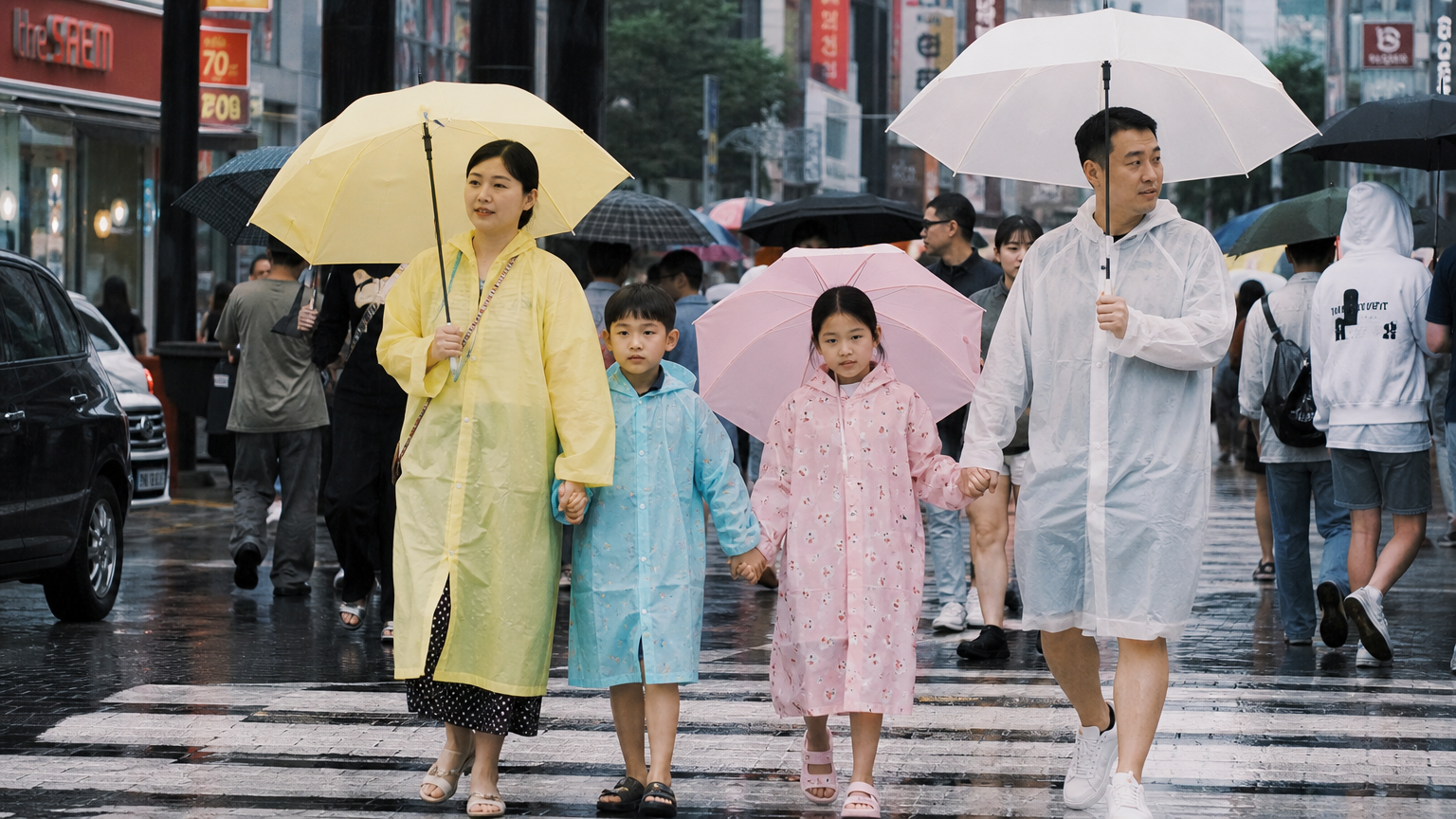 화려한 색상의 레인코트와 UV 차단 양우산을 든 가족이 바쁜 거리에서 비를 피하는 모습