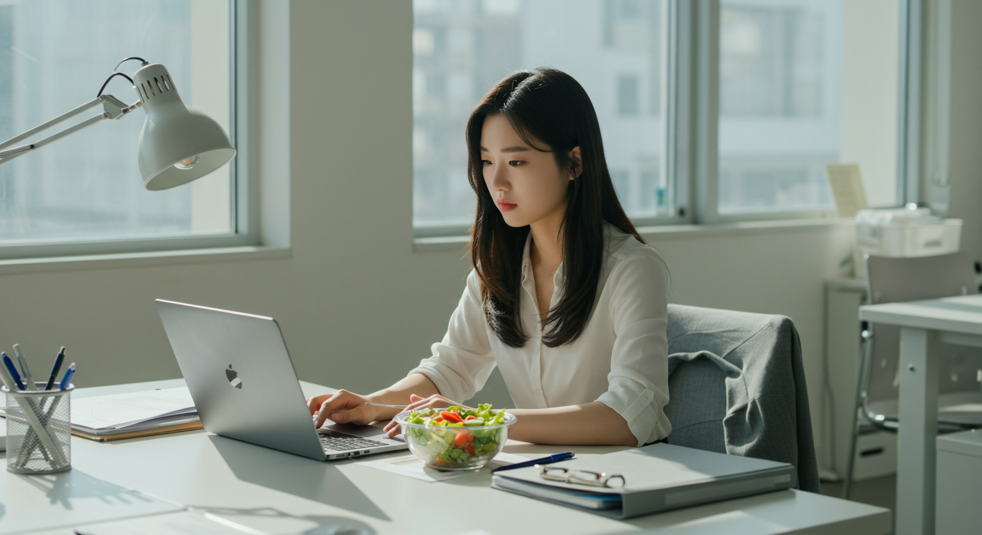 현대식 사무실에서 노트북과 서류에 둘러싸인 채 샐러드를 먹고 있는 바쁜 직장인의 모습