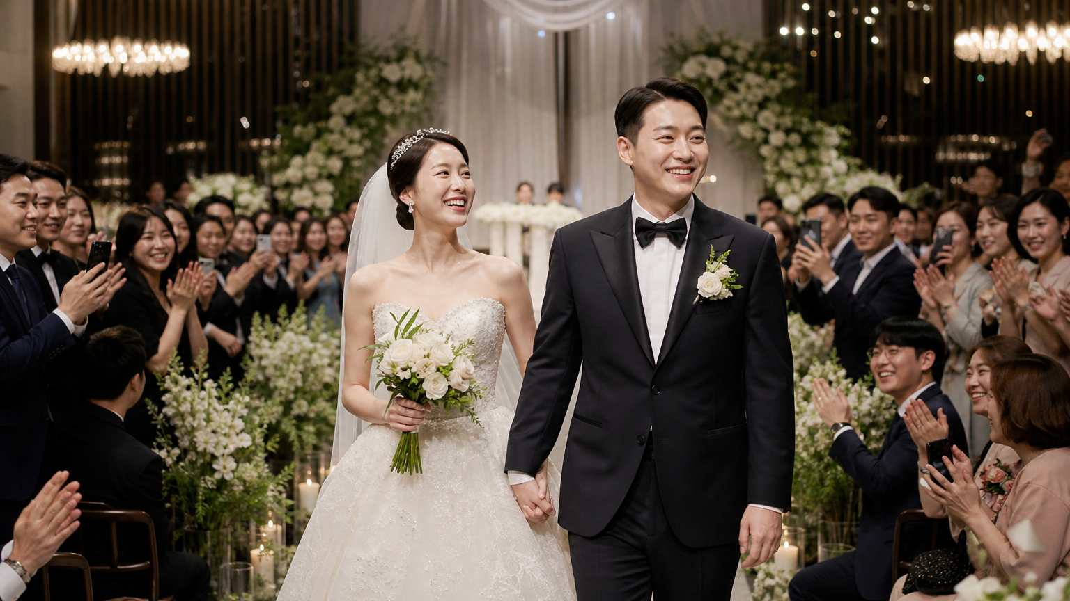현대적인 한국 결혼식에서 밝게 웃는 신랑신부와 세련된 하객들의 모습