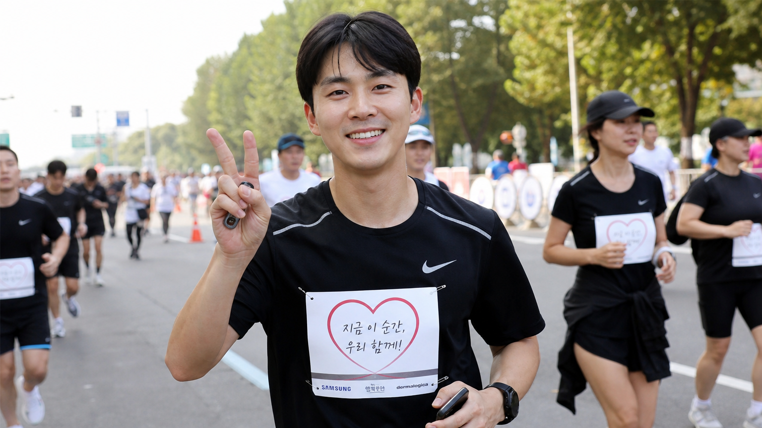 사랑의 상징과 문구가 있는 번호표를 착용하고 달리는 유명 인사