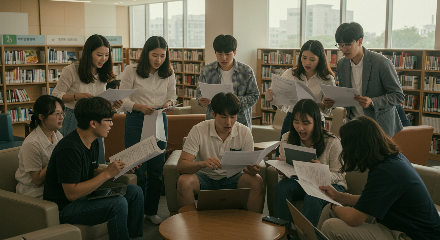 도서관에서 자기계발 지원금 자격에 대해 이야기하는 젊은 성인들