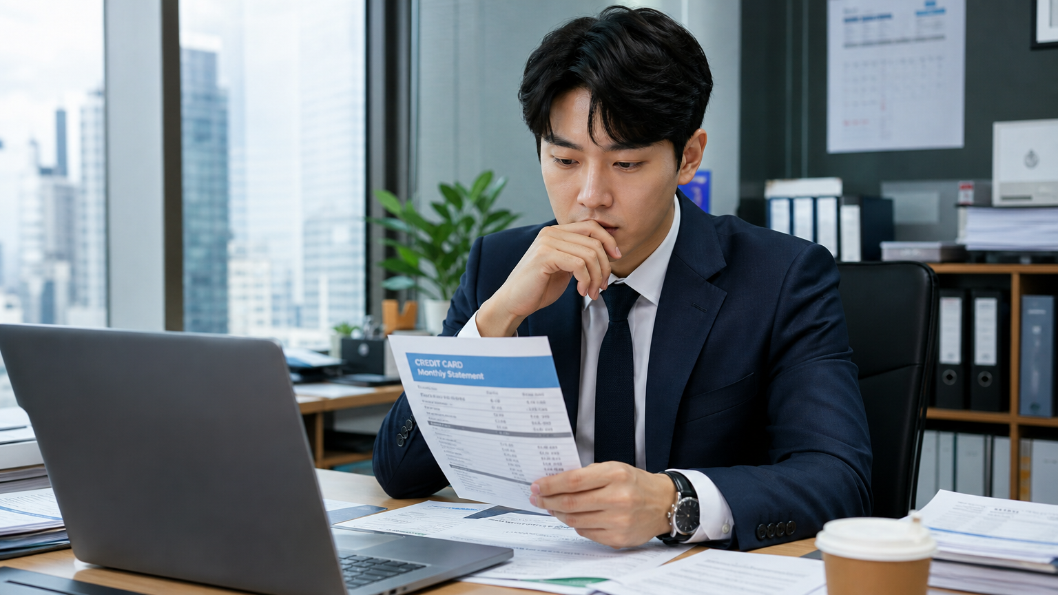 현대적 사무실에서 신용카드 명세서를 검토하는 직장인의 모습