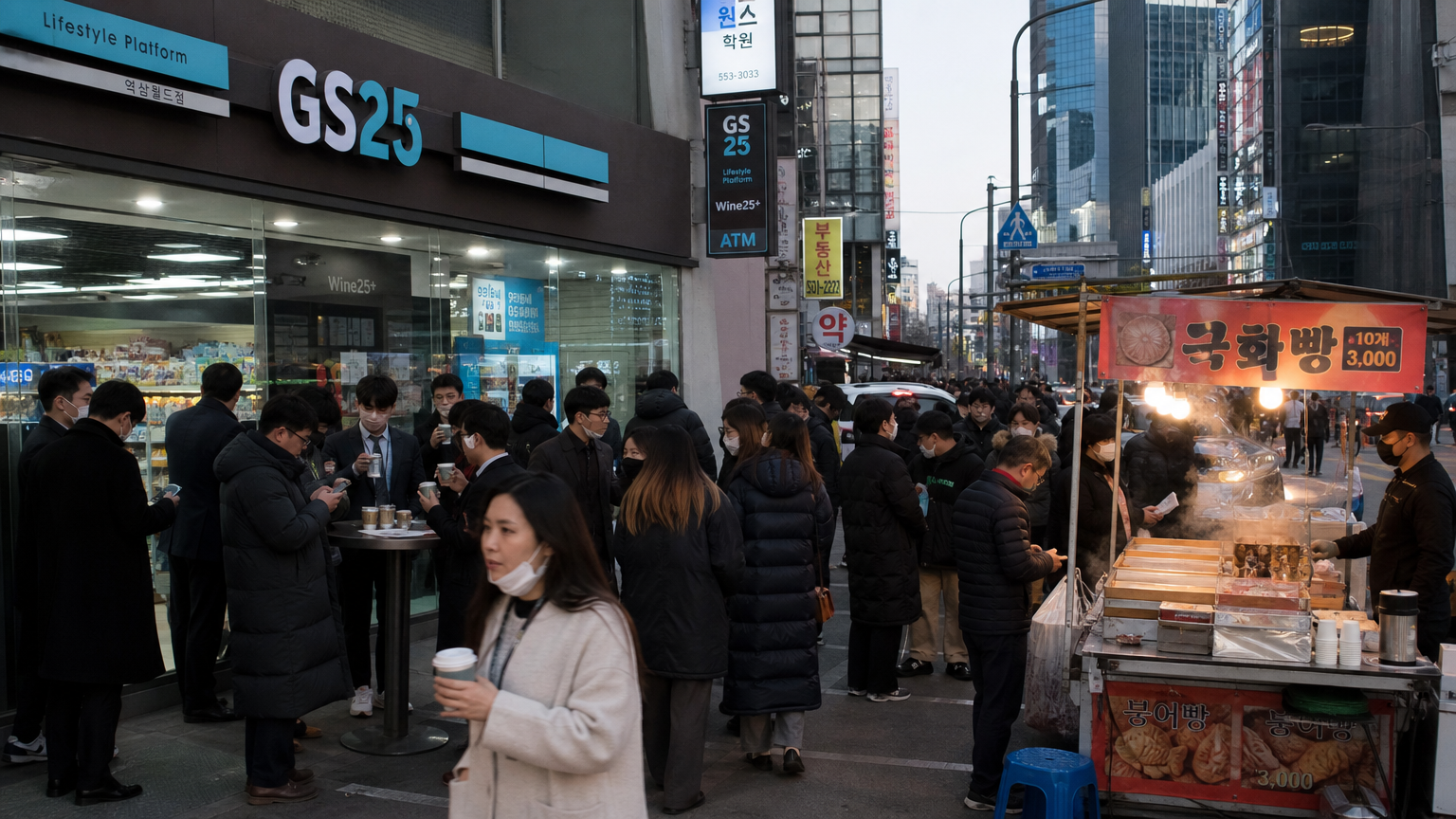 출퇴근 시간에 편의점과 음식점에서 음식을 구입하는 사람들로 붐비는 도심 거리 장면