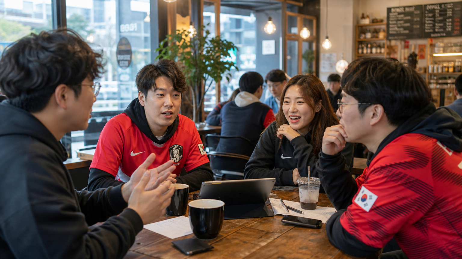 카페에서 새 FIFA 규정을 이야기하는 축구 팬들