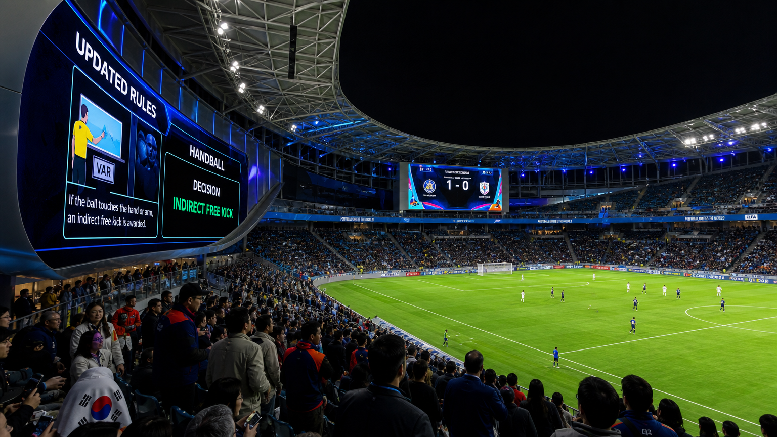 최신 규정을 보여주는 디지털 스크린이 있는 한국의 미래형 축구 경기장