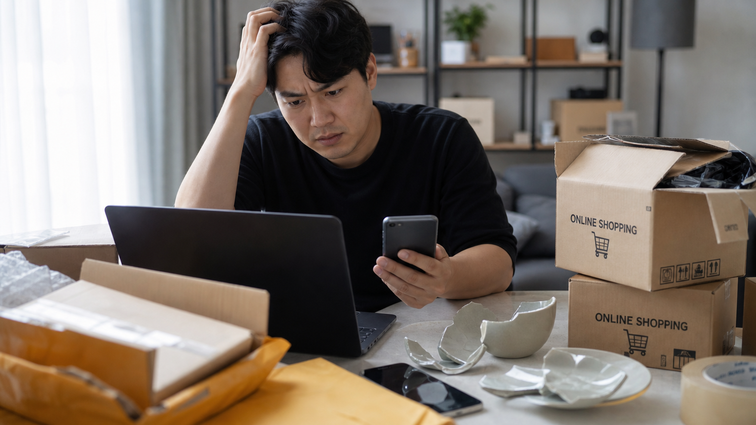 책상 위에 노트북과 스마트폰을 놓고 온라인 쇼핑 패키지와 파손된 물건들로 인해 좌절감을 느끼는 모습
