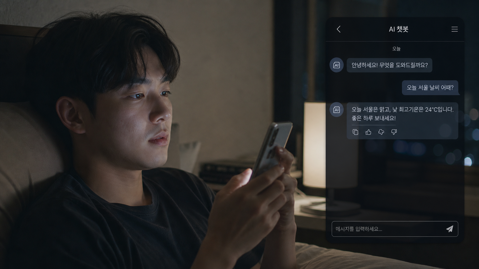 밤 늦게 스마트폰으로 챗봇 인터페이스를 사용하는 현대적인 인물의 모습
