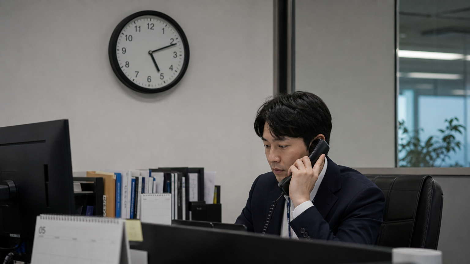 사무실 환경에서 이른 아침 시간을 나타내는 벽시계와 차분하게 전화 통화 중인 한국인 근로자