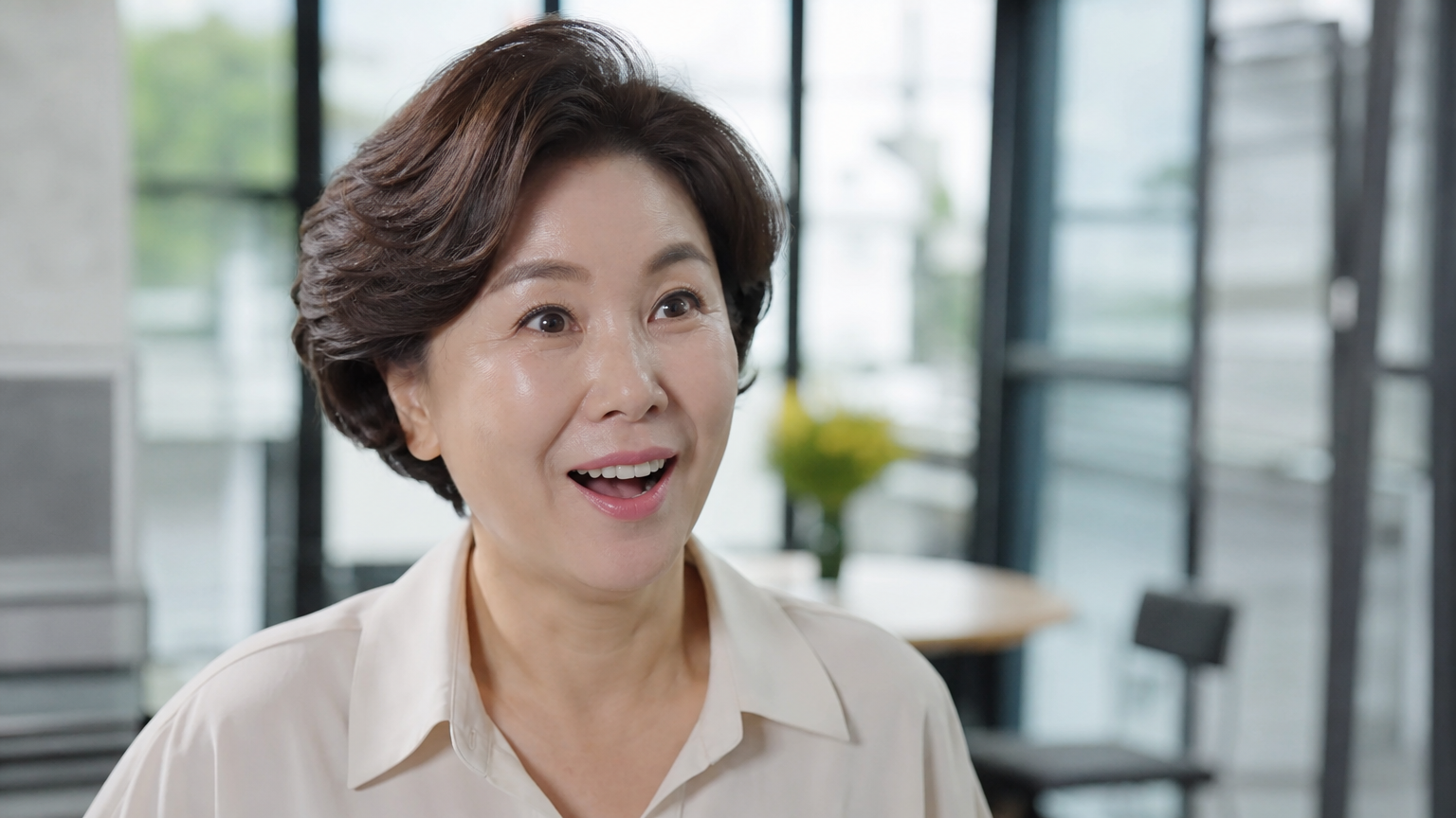 활기찬 모습의 중년 여성이 자신의 건강 비결을 설명하는 장면