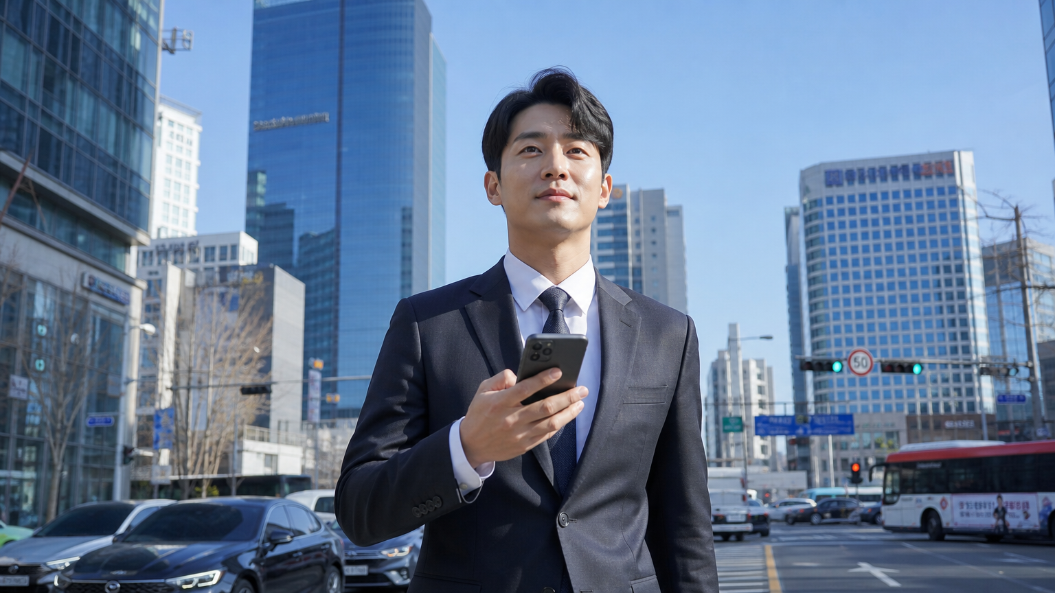 한국의 도시에서 스마트폰으로 길을 찾는 남성의 모습