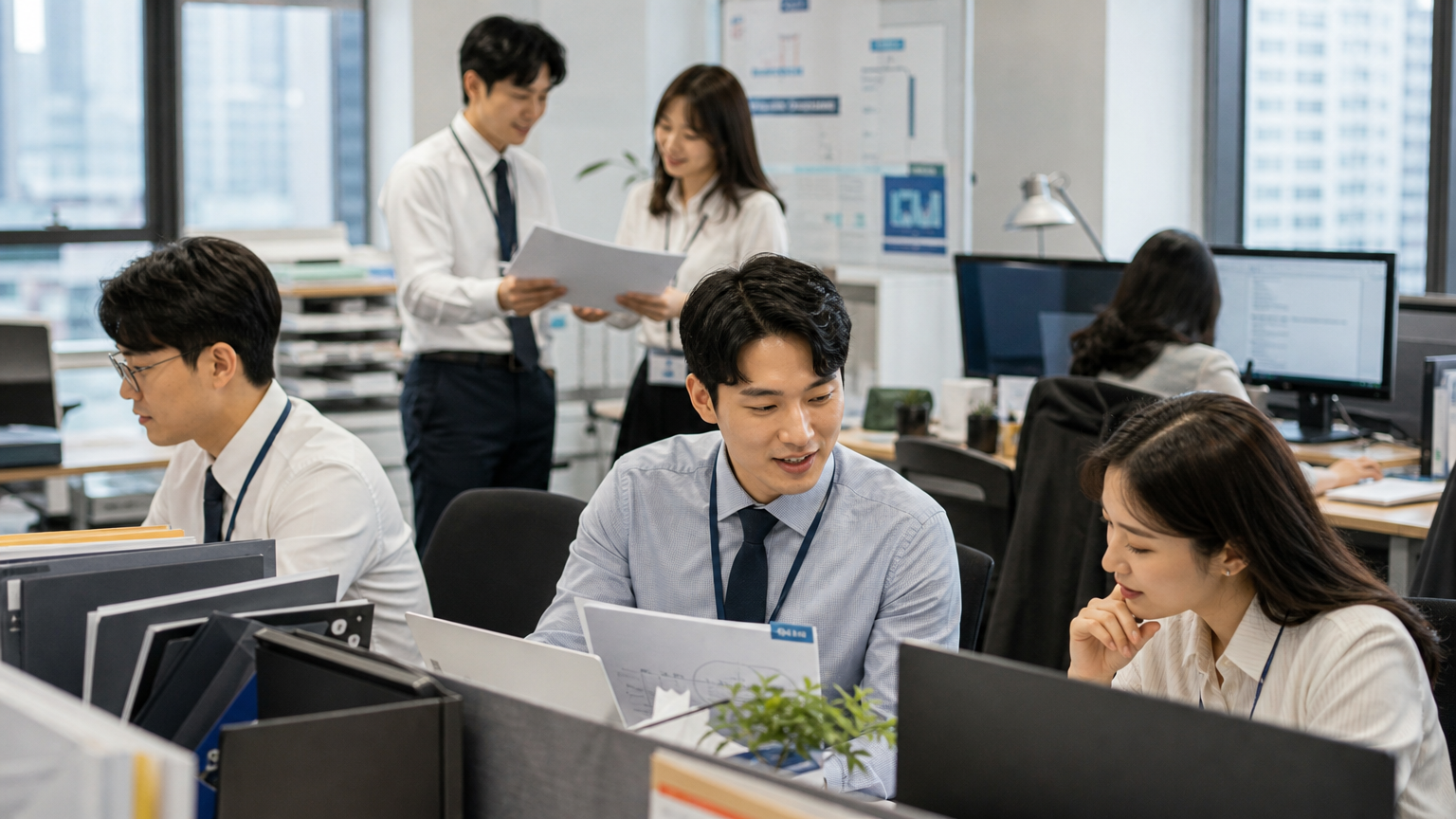사무실에서 팀워크를 발휘하며 업무 중인 직장인들의 활기찬 모습