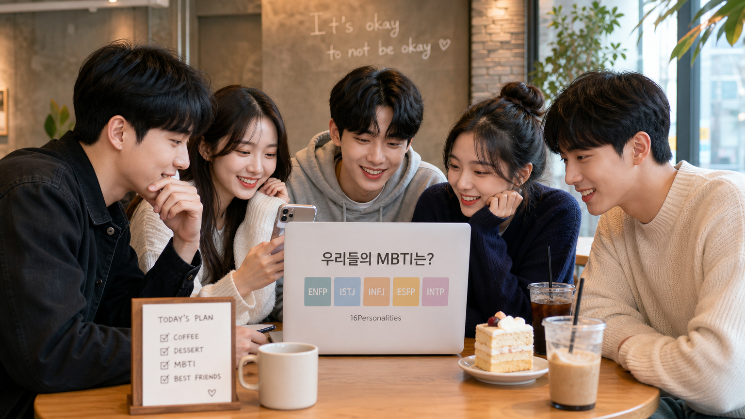 현대적 카페에서 친구들과 함께 MBTI 검사를 하는 모습