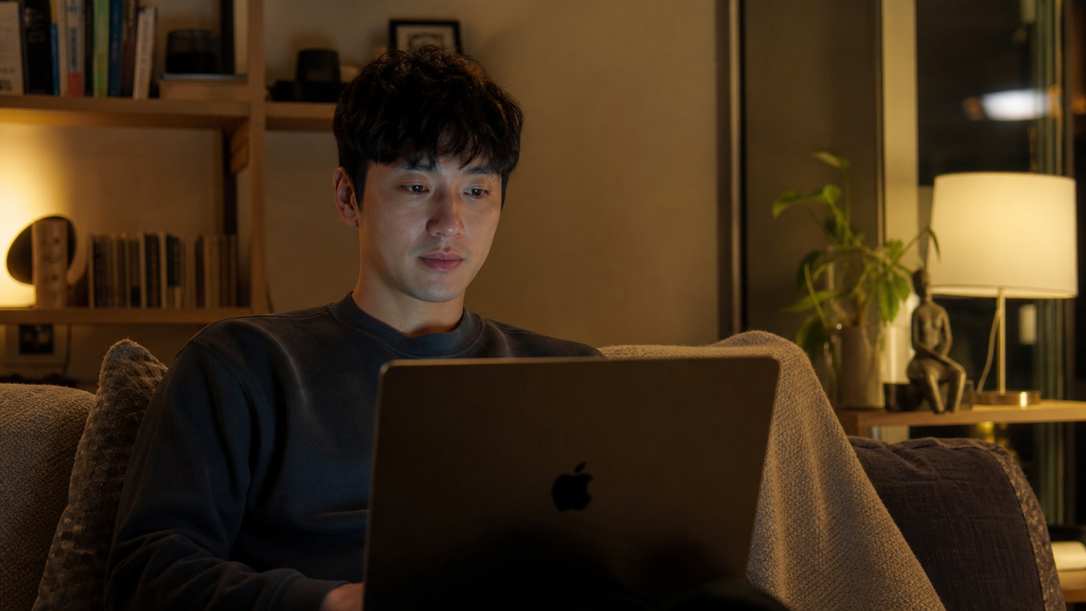 현대적인 남성이 노트북으로 스파이더맨 영화 트레일러를 감상하는 장면
