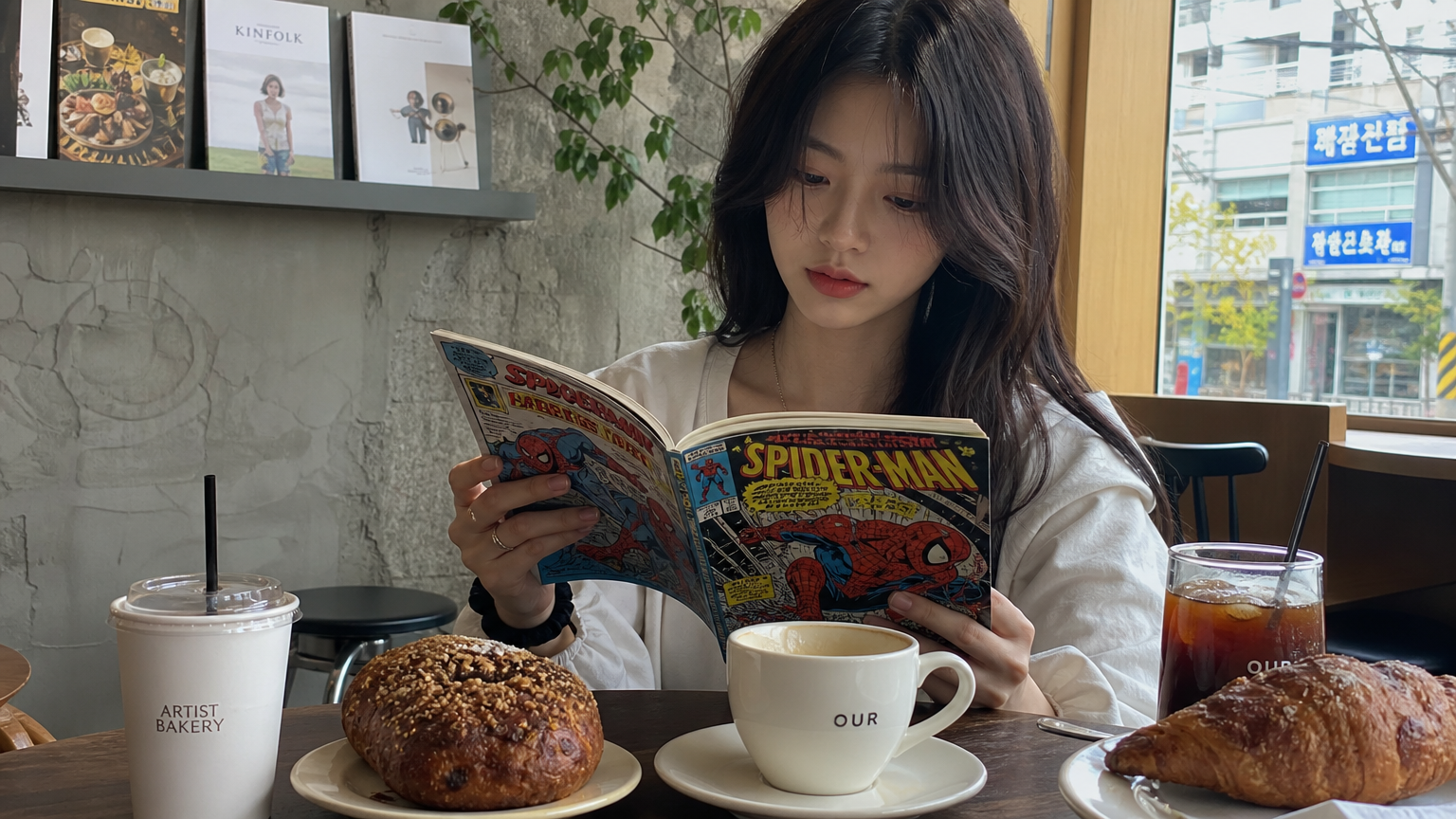 카페에서 스파이더맨 만화를 읽고 있는 젊은 여성의 모습
