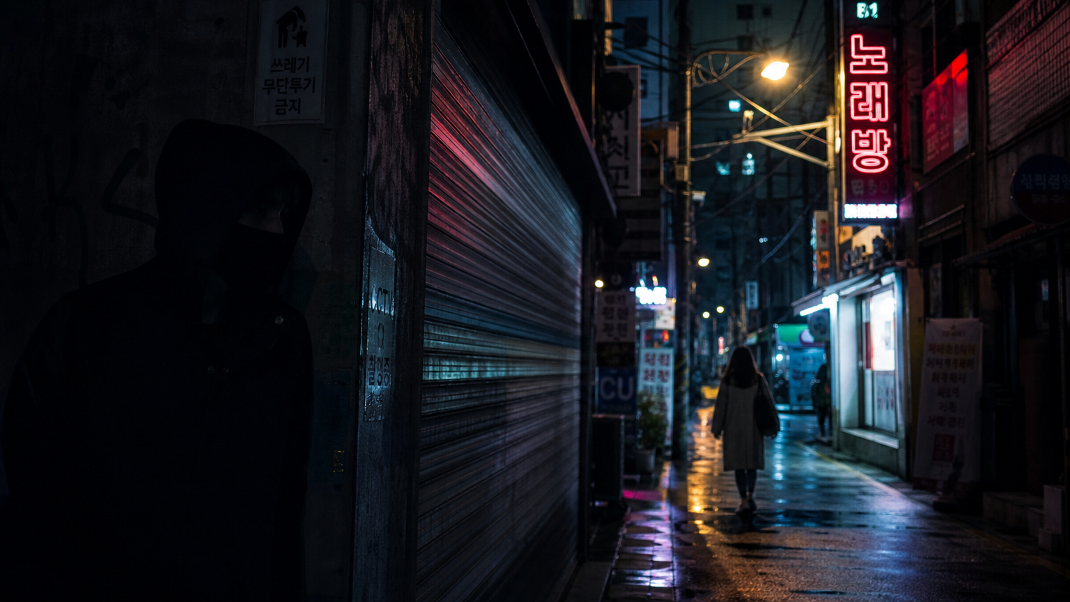 도시 배경 속 그림자에 숨어 있는 수상한 인물의 긴장감 넘치는 장면