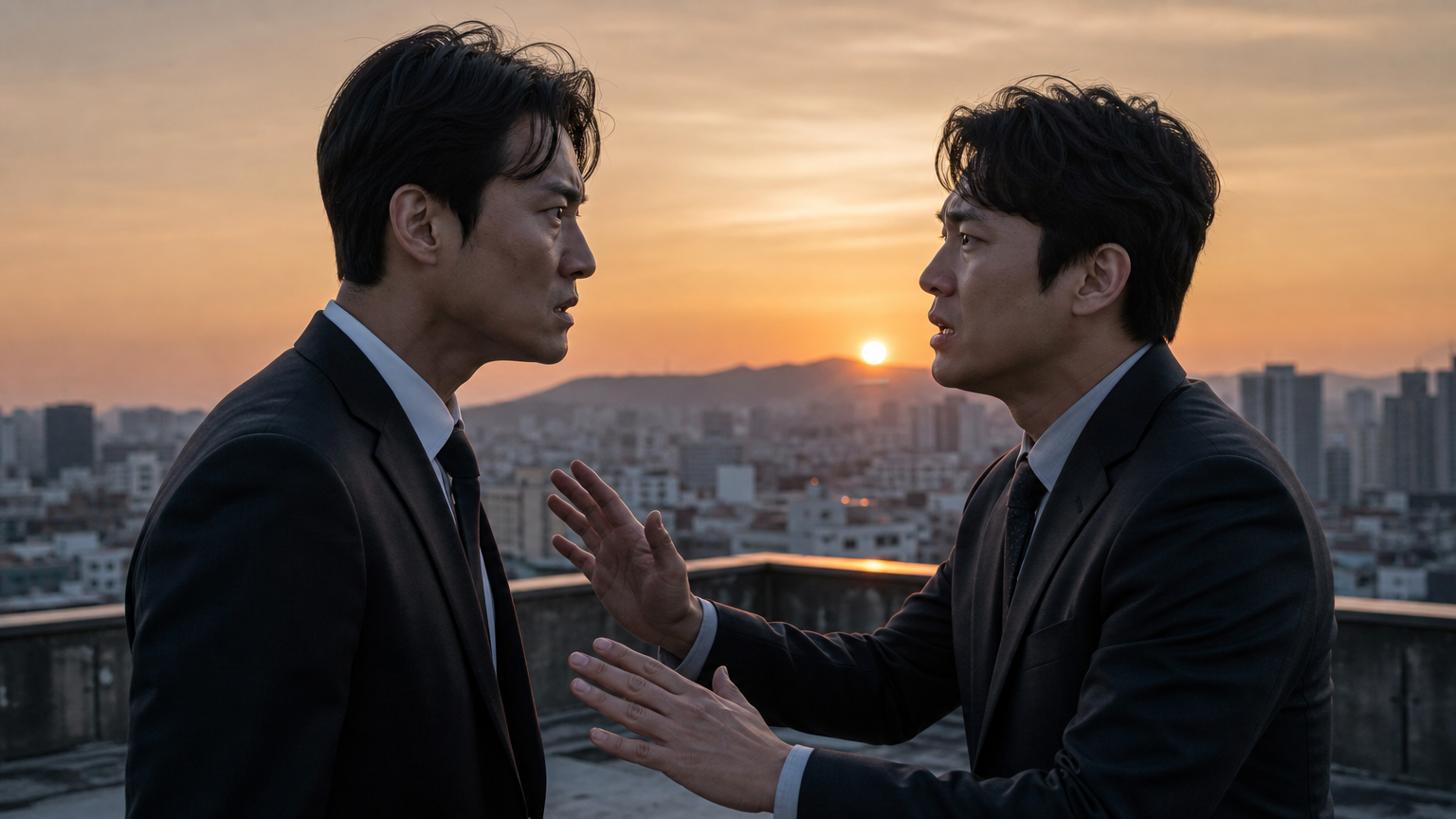 해질녘 옥상에서 감정적으로 대립하는 두 사람; 하나는 복수를 추구하고 다른 하나는 법적 정의를 주장하는 장면