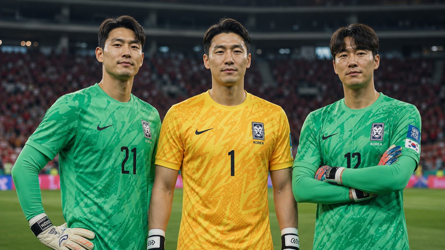 축구 경기장에서 유니폼을 입고 서 있는 세 명의 골키퍼