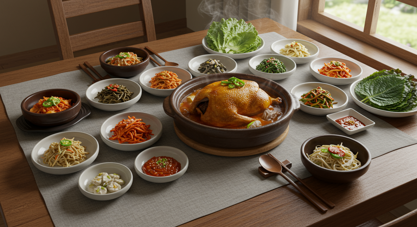 전통적인 한국식 상차림으로 제공되는 오리 백숙과 여러 반찬들
