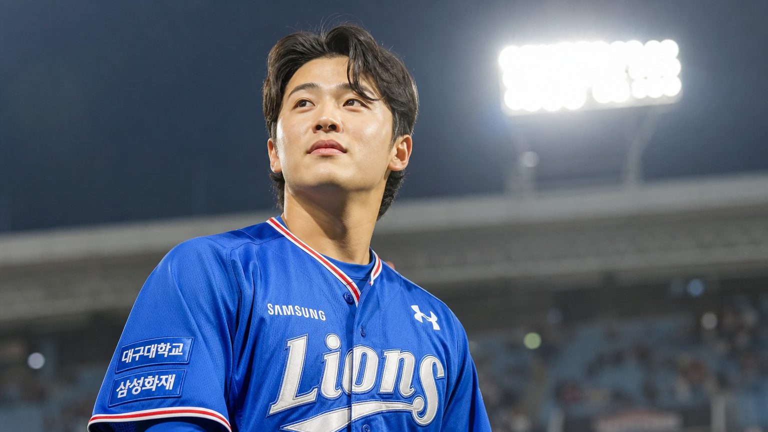 삼성 라이온즈 유니폼을 입고 있는 젊은 야구 선수가 야구장에 서 있는 모습