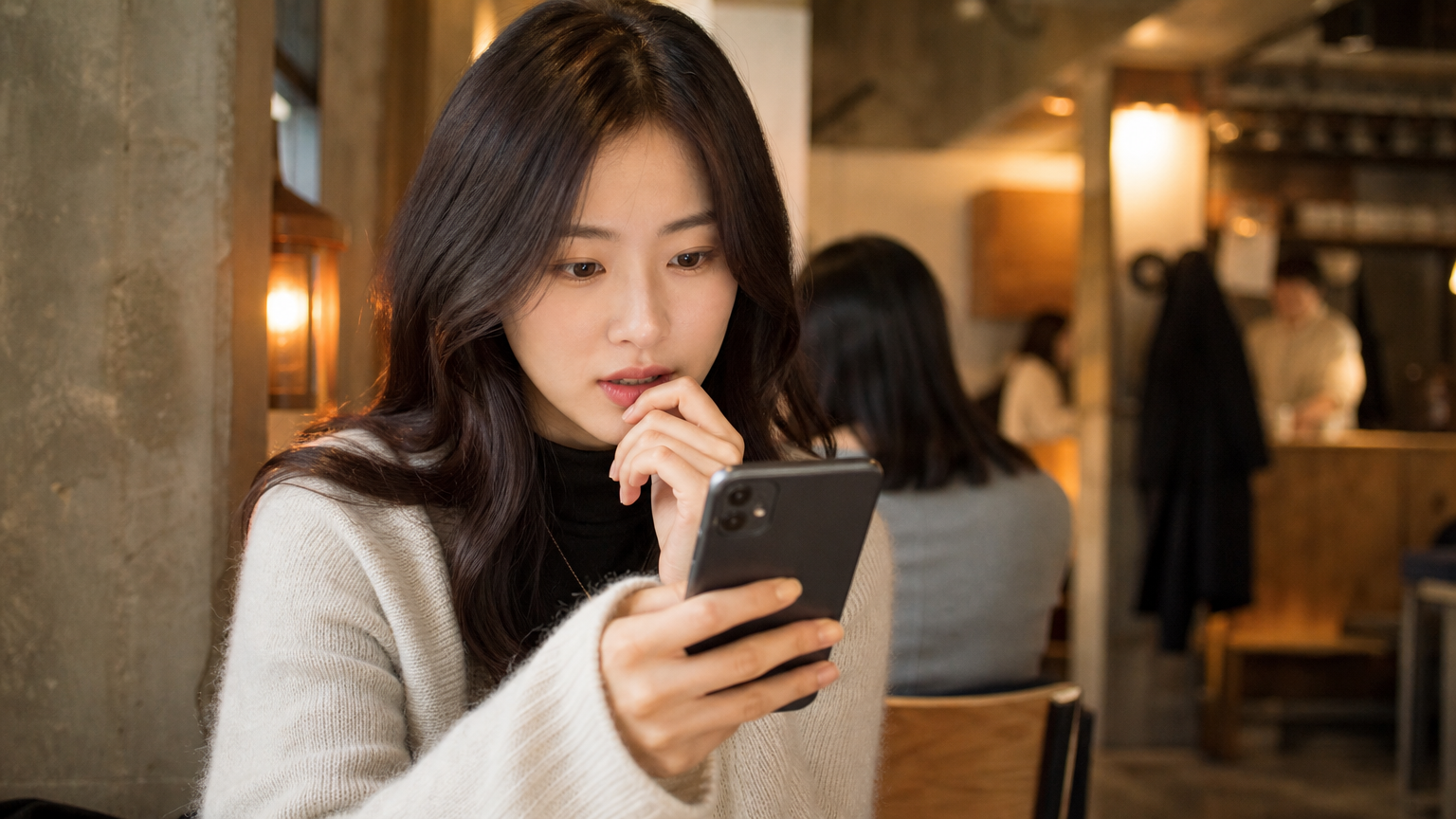 카페에서 스마트폰으로 소셜 미디어를 보는 현대적인 여성