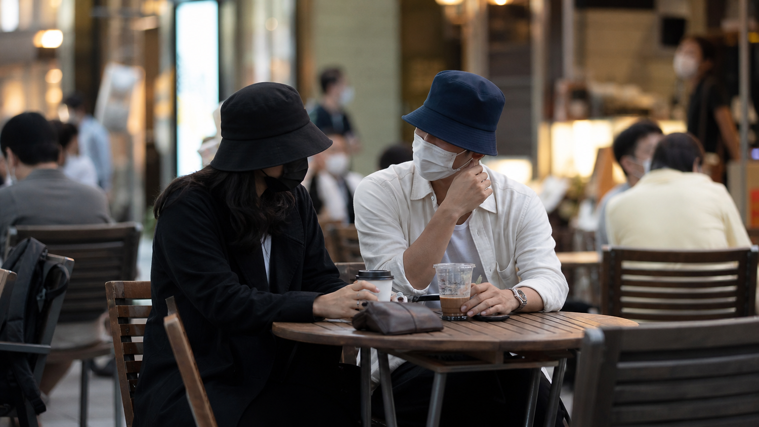 도심 카페에서 모자와 마스크를 쓴 두 사람의 모습