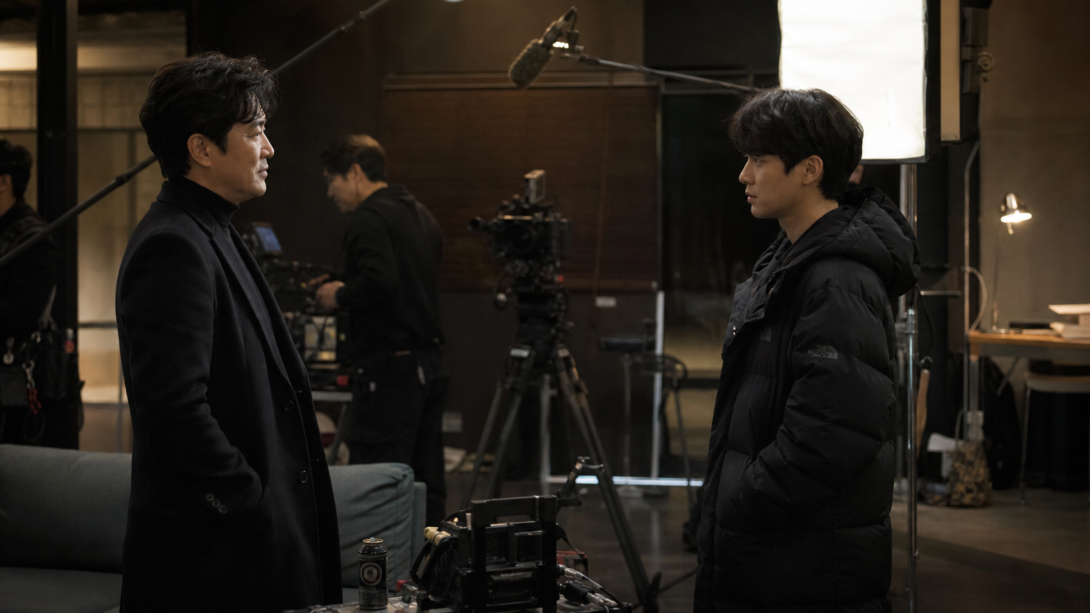 영화 세트장에서 서로 다른 연령대의 두 배우가 떨어져 있는 모습