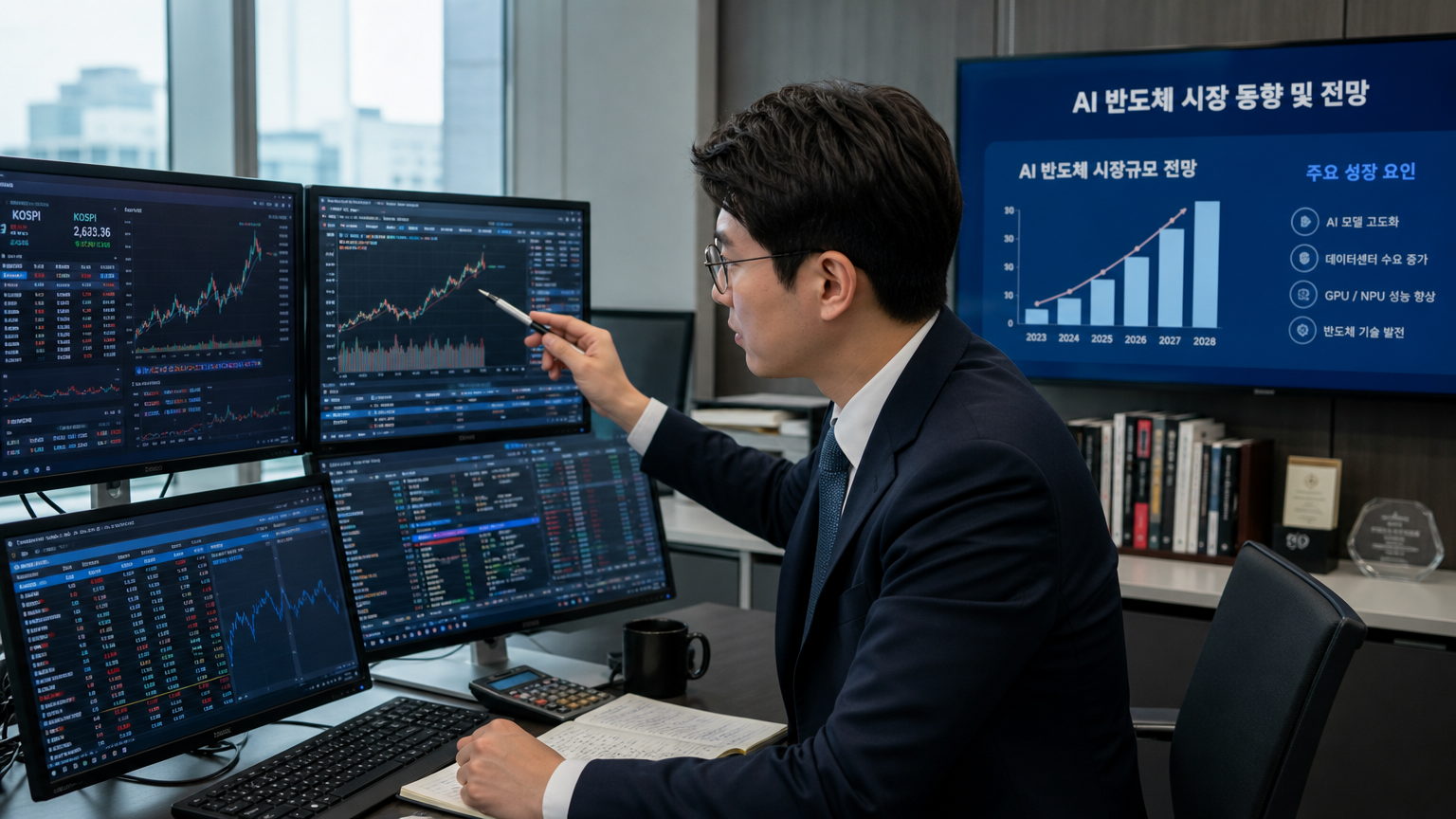 현대 사무실에서 여러 대의 모니터로 AI 반도체 시장 분석 중인 분석가