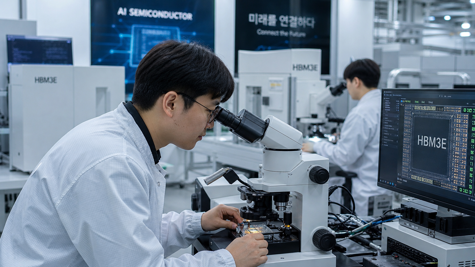 첨단 반도체 실험실에서 HBM 칩을 검사하는 엔지니어들