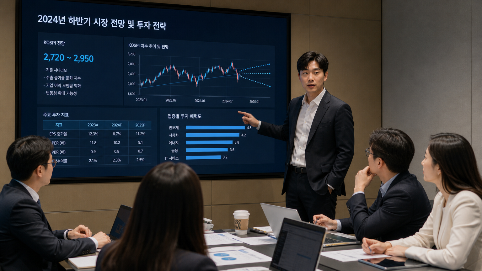 회의실에서 큰 화면으로 투자 전략을 논의하는 금융 분석팀