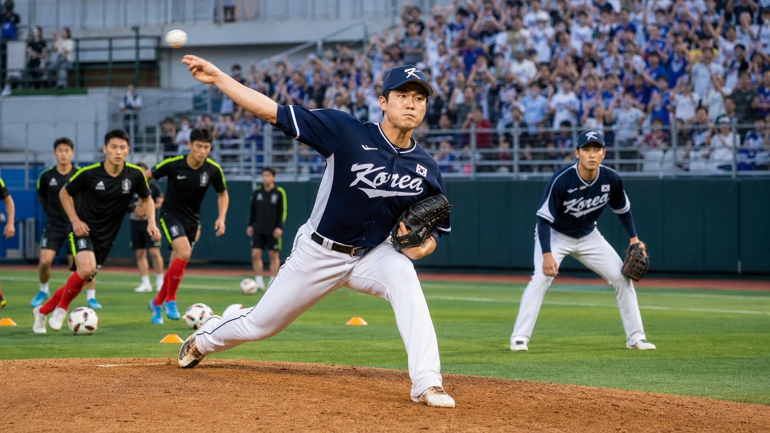 현대적인 경기장에서 한국 야구 및 축구 선수들이 훈련하며 관중들이 응원하는 장면