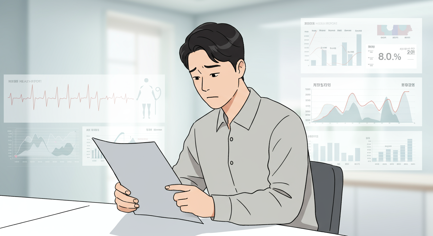 현대적인 병원에서 건강 기록을 읽으며 걱정하는 표정의 남성