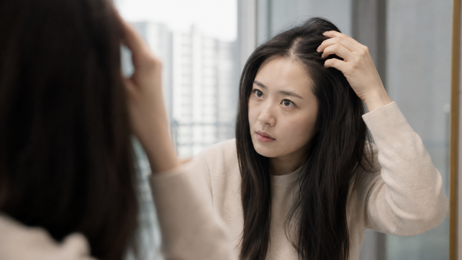 한 여성이 거울 앞에서 두피를 만지며 건강 상태를 체크하는 모습