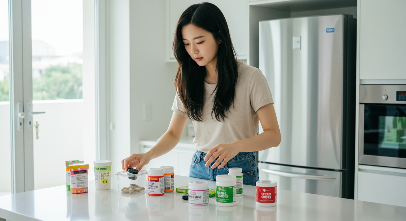 젊은 여성이 주방에서 다양한 영양제를 정리하는 모습