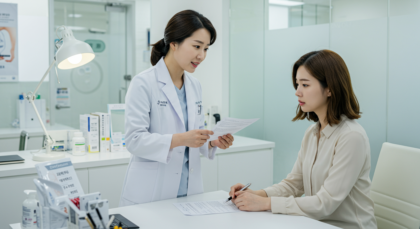 현대적인 진료실에서 의사가 환자와 영양제 부작용에 대해 논의하는 장면
