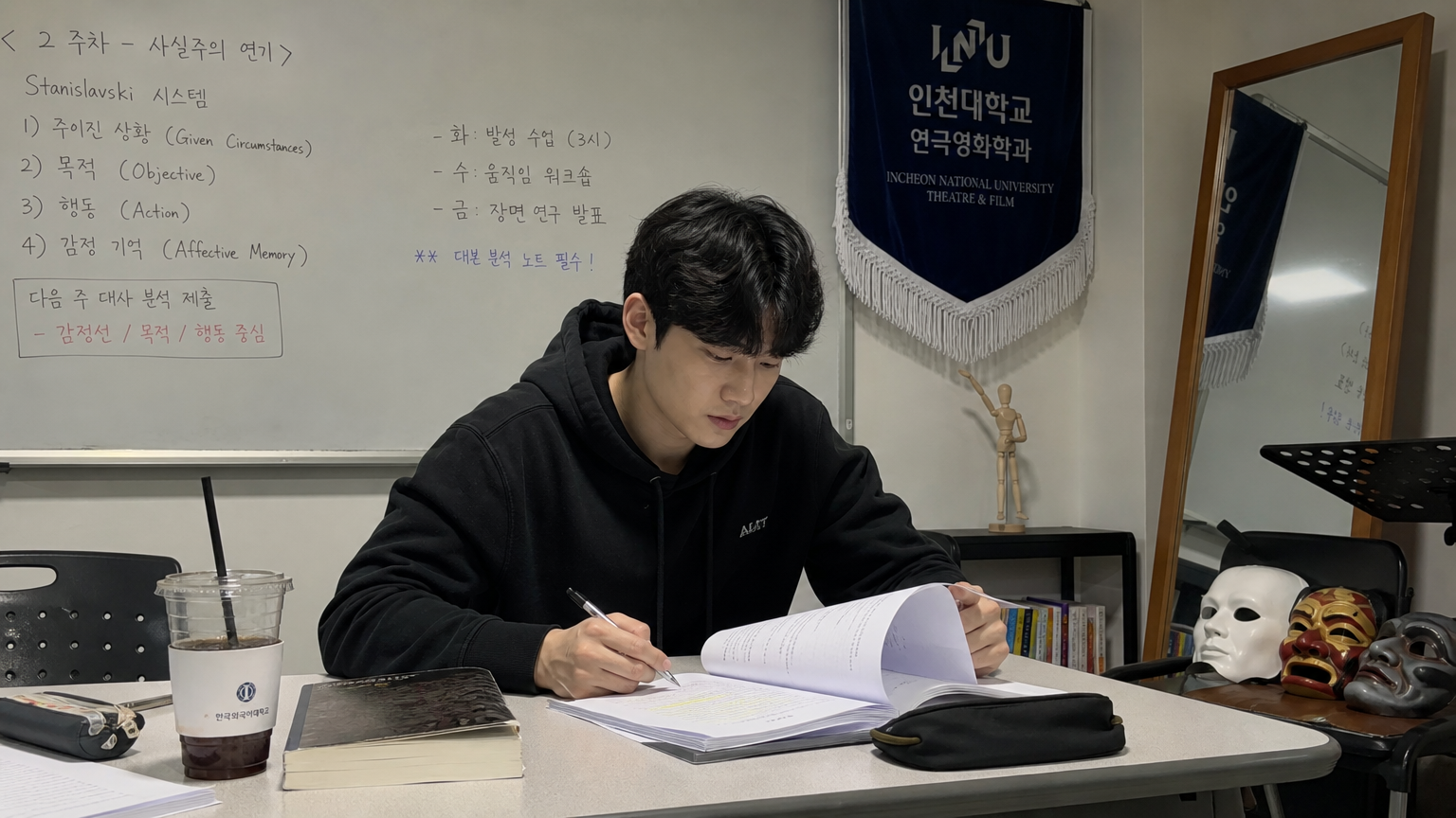 인천대 연극학과 교실에서 대본과 무대 소품으로 둘러싸인 채 열정적으로 공부하는 한국 학생