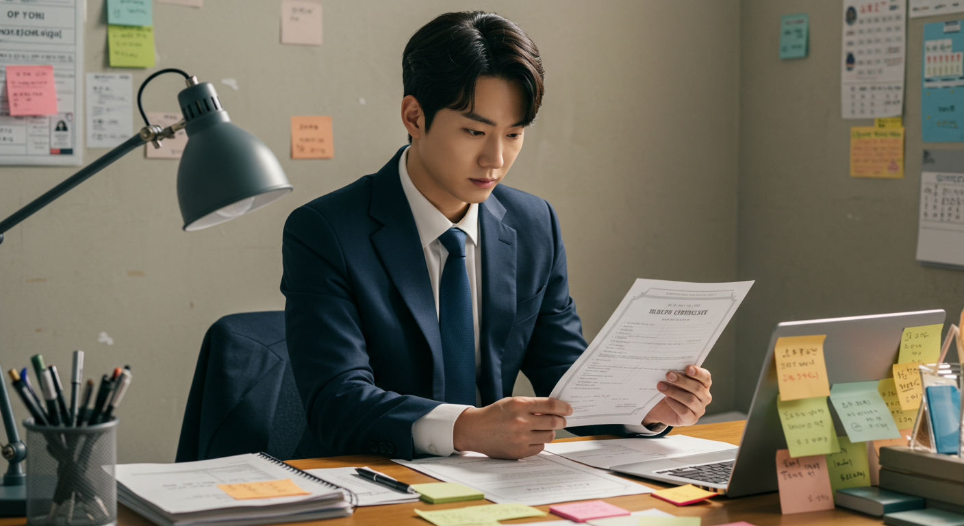 책상 위에서 서류를 확인하며 보건증 유효기간을 점검하는 직장인의 모습