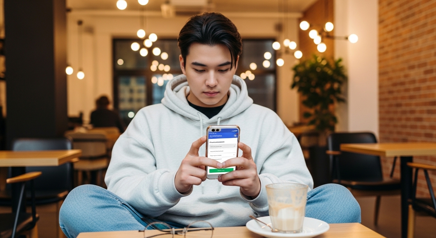 한 카페에서 스마트폰으로 무직자소액대출을 신청하는 학생의 모습