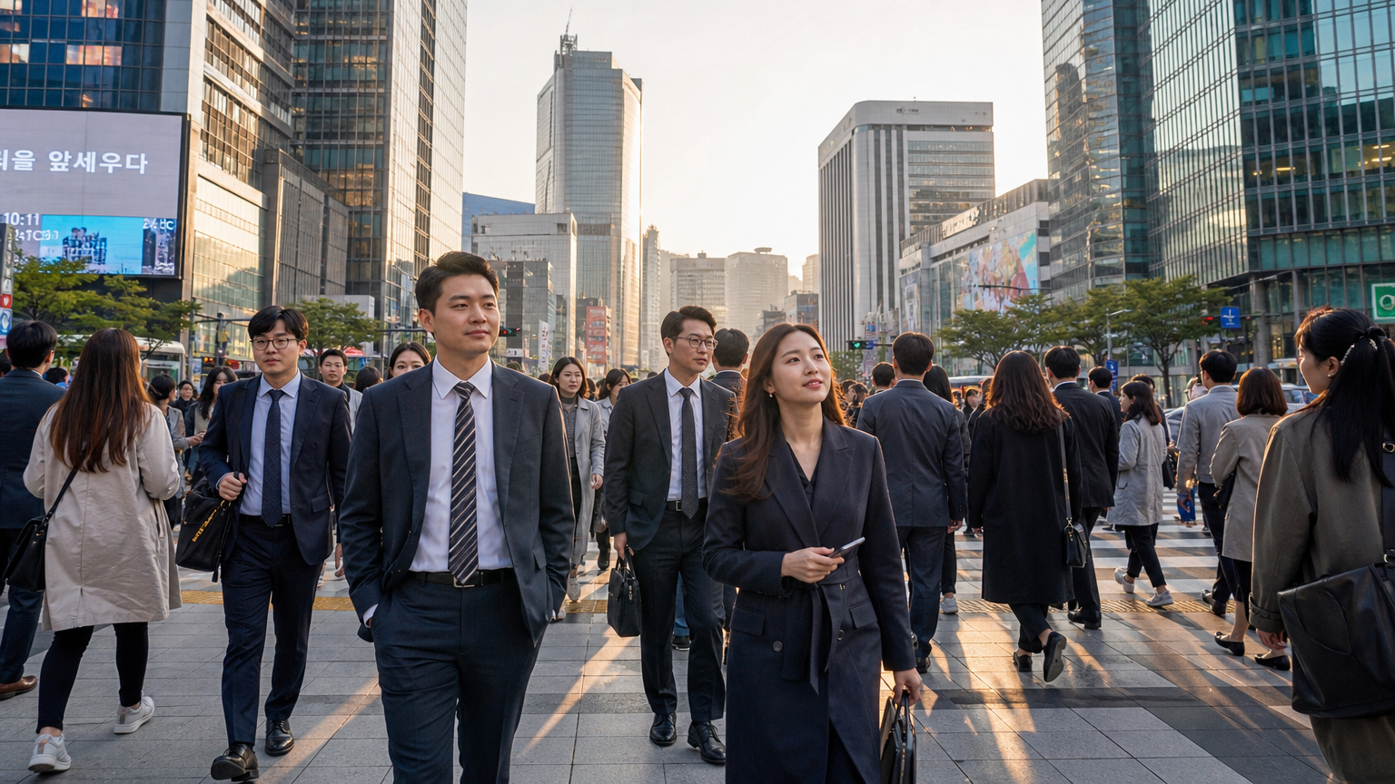 붐비는 도시 광장을 지나가는 자신감 있는 한국 비즈니스 전문가들