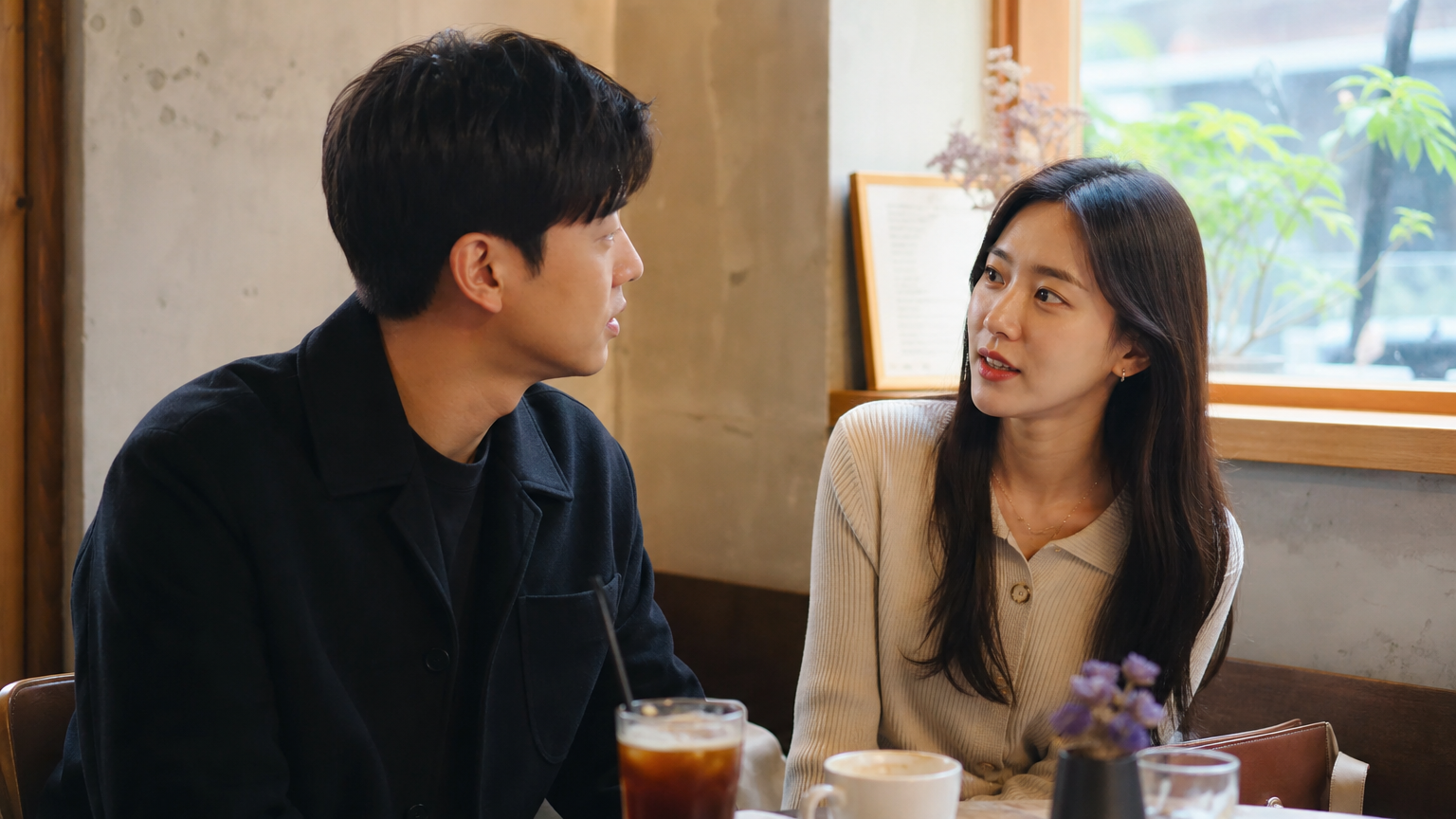 카페에서 대화를 나누고 있는 현대적인 한국 커플