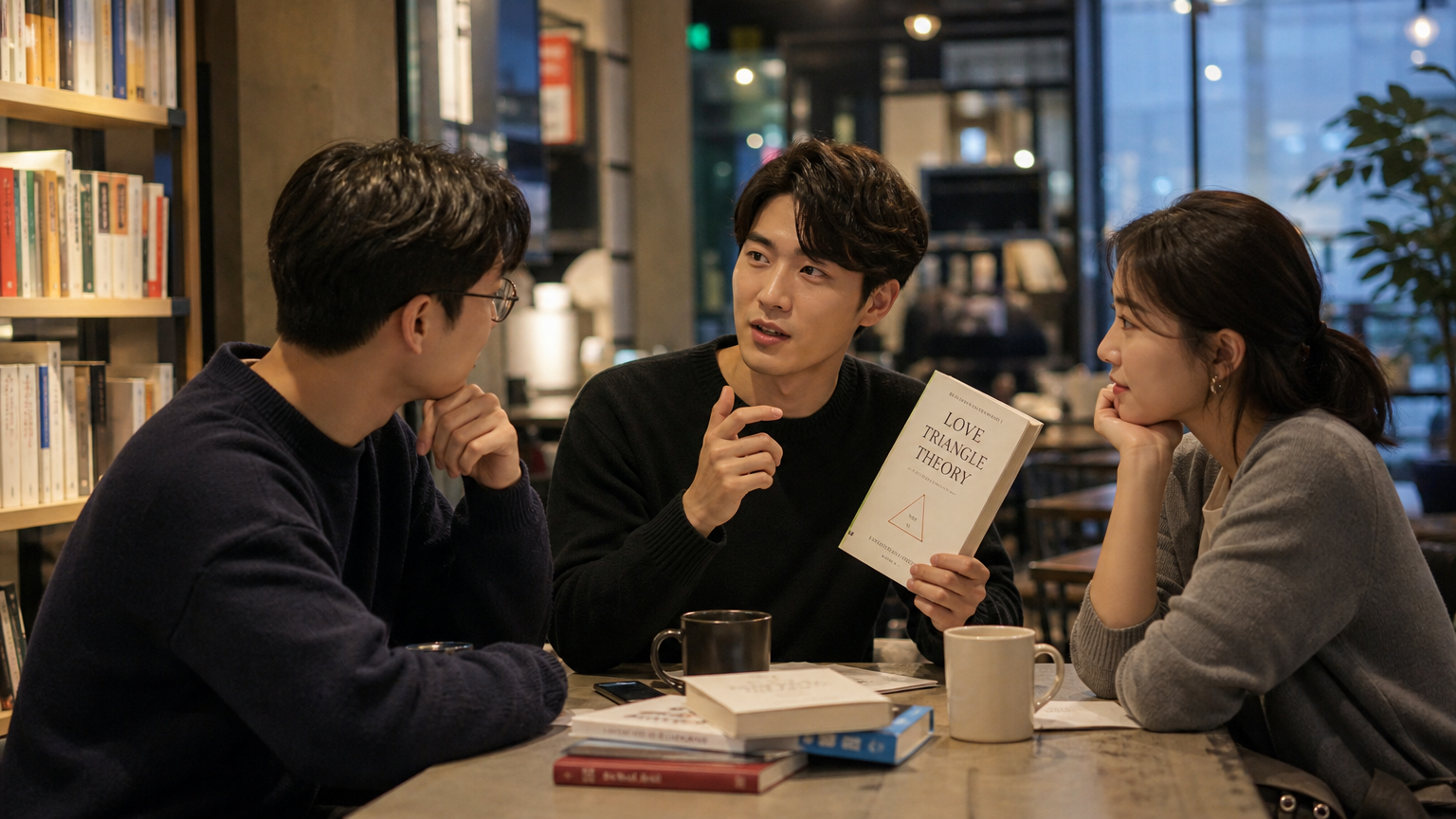 책을 들고 사랑 이론을 토론하는 세 명의 현대 한국인들