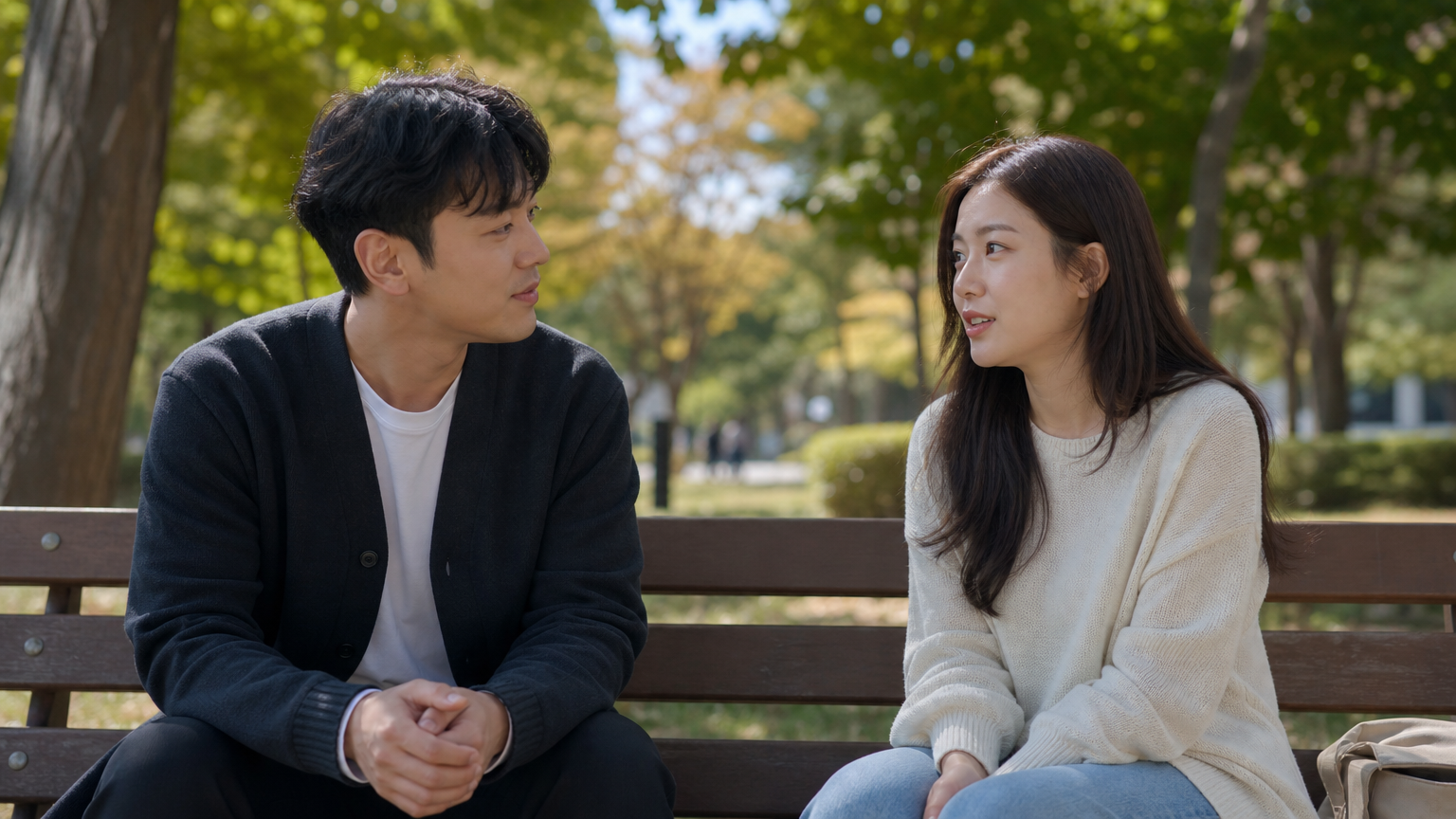 공원 벤치에서 진솔한 대화를 나누는 한국 커플