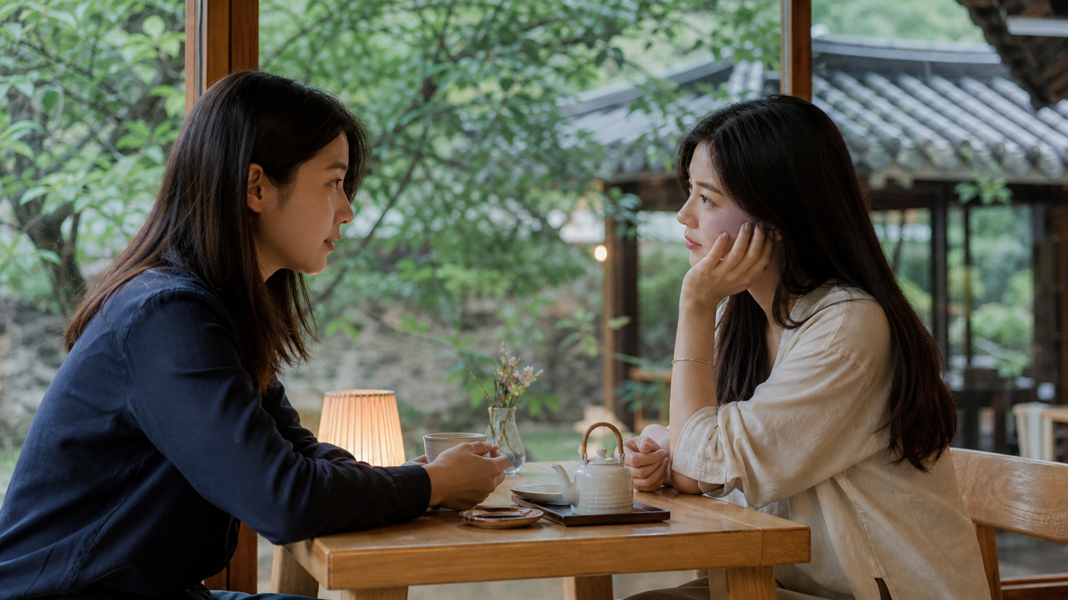 차분한 분위기의 찻집에서 공감을 표현하는 두 명의 한국 친구