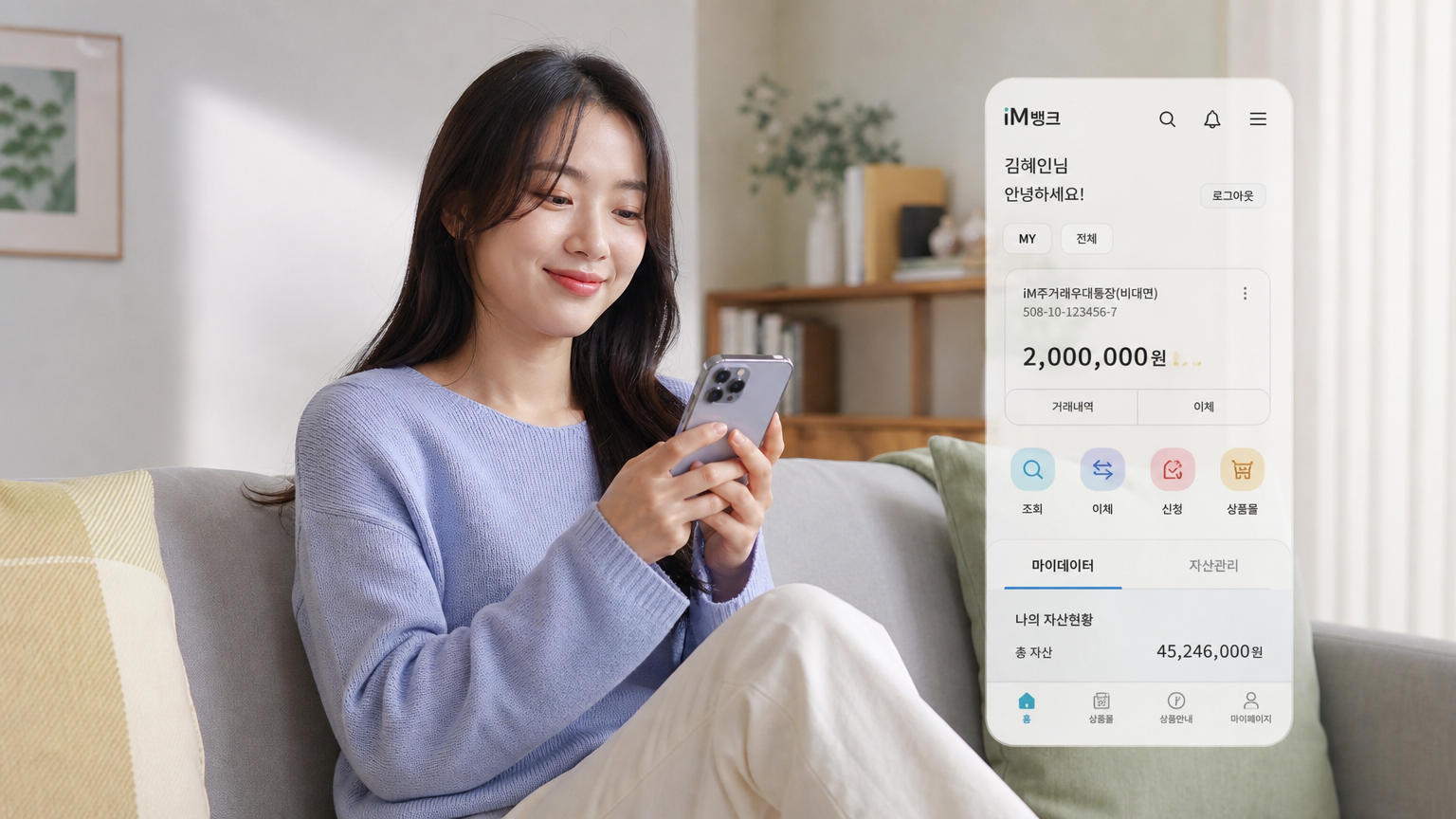 가정에서 스마트폰으로 아이엠뱅크 앱을 통해 재정을 관리하는 젊은 여성