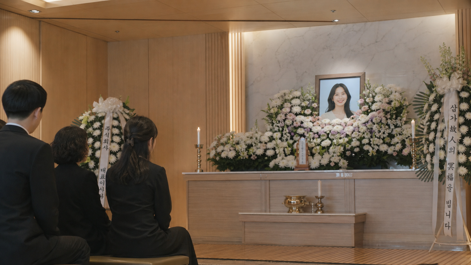 현대적인 한국 장례식장에서 꽃과 초상화가 있는 조용한 분위기