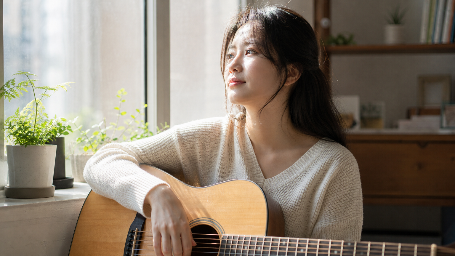 창가에 앉아 기타를 들고 희망과 회복력을 표현하는 한국 여성