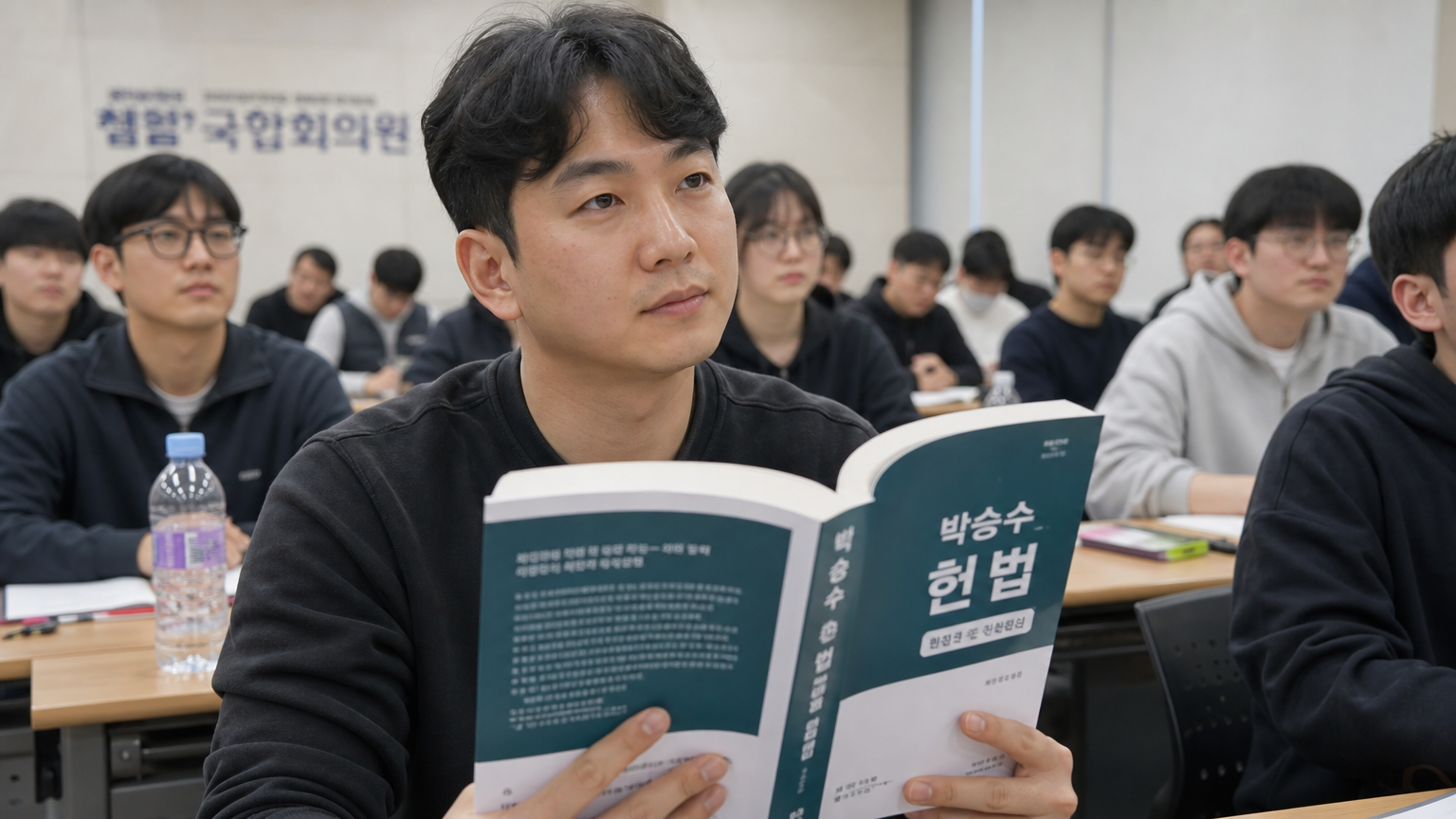 학생들로 가득 찬 교실에서 집중하며 박승수 헌법 책을 들고 있는 성인의 모습