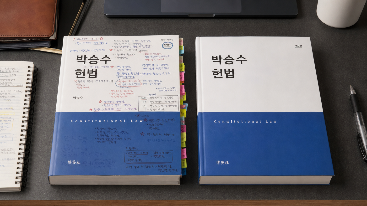 최신판과 구판이 나란히 놓여 있는 현대적인 학습 테이블