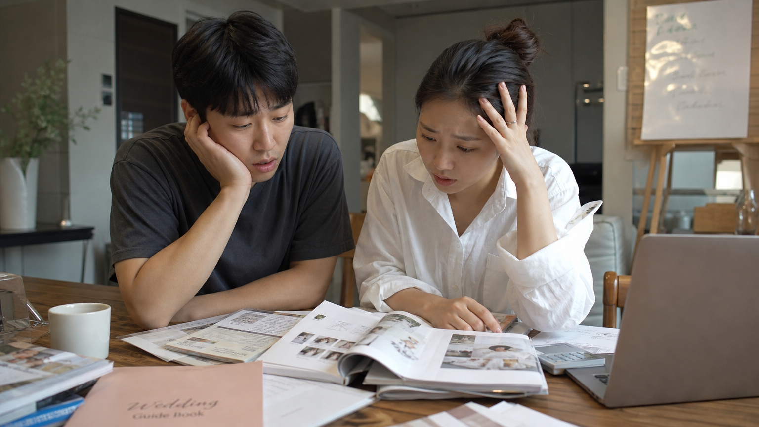 테이블 위에 웨딩 잡지와 플래너를 놓고 앉아 설레면서도 막막해하는 젊은 커플
