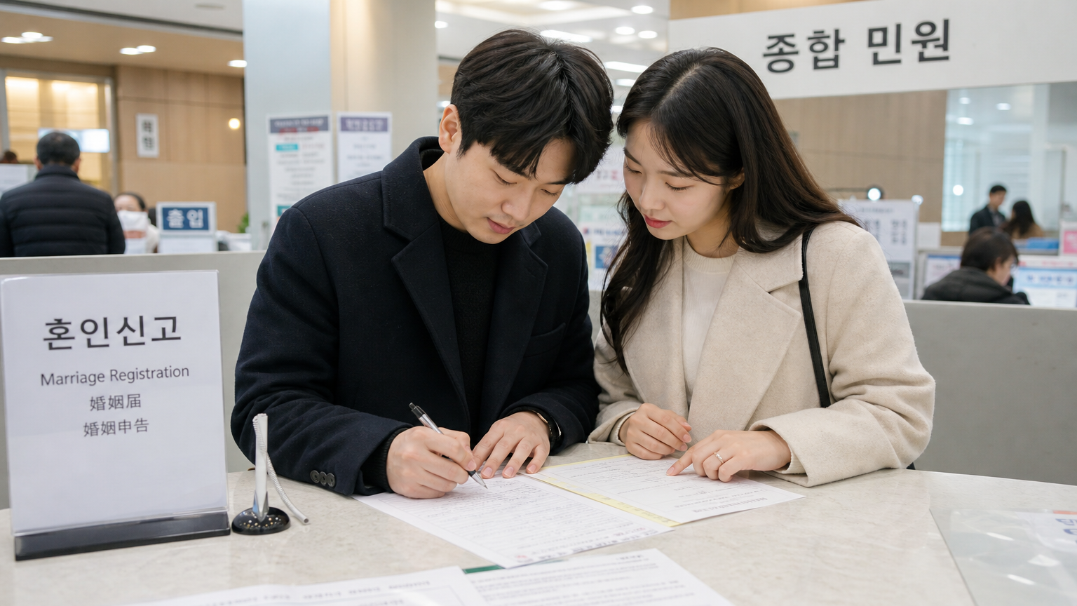 시청 내부에서 혼인신고서를 작성 중인 현대적인 분위기의 한국 커플